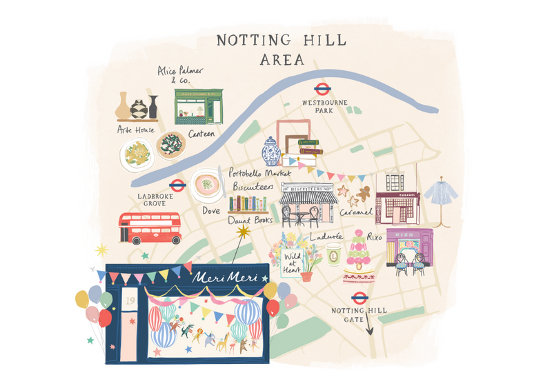 Stylized illustrated map of Notting Hill highlighting streets, landmarks, and a blue river running through
