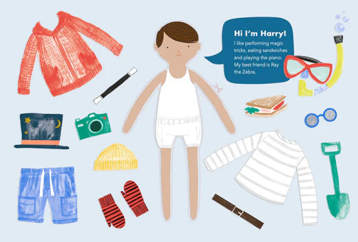 Illustrated clothing accessories and objects such as a scuba mask and camera surround an illustrated boy with a speech bubble beside him reading 'Hi I'm Harry!'