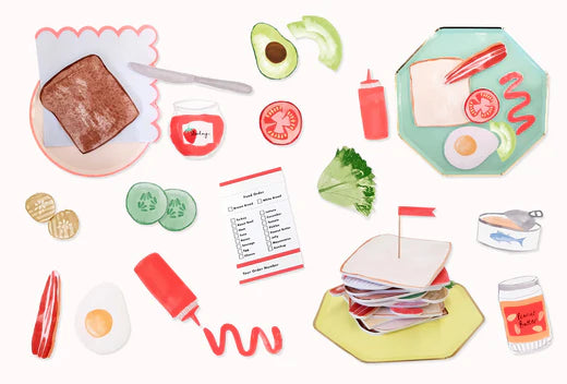 Whimsical collage of lunch items including toast, avocado, cucumber, jam, a stack of bread, and a recipe card