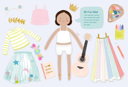 Central Lila paper doll with white outfit surrounded by clothes a guitar and craft supplies