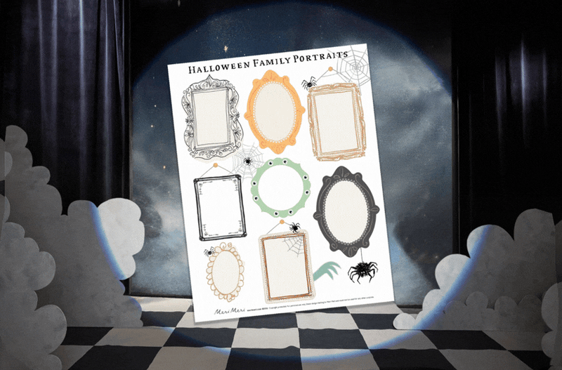 Poster titled Halloween Family Portraits with ornate frame shapes arranged on a moonlit stage with a checkered floor and spooky clouds.