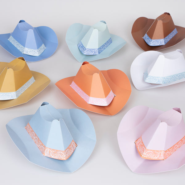 Our Western party set includes products for 8 guests, with paper plates, cups, napkins, mini cowboy hats, party bags and a statement garland.  Image1