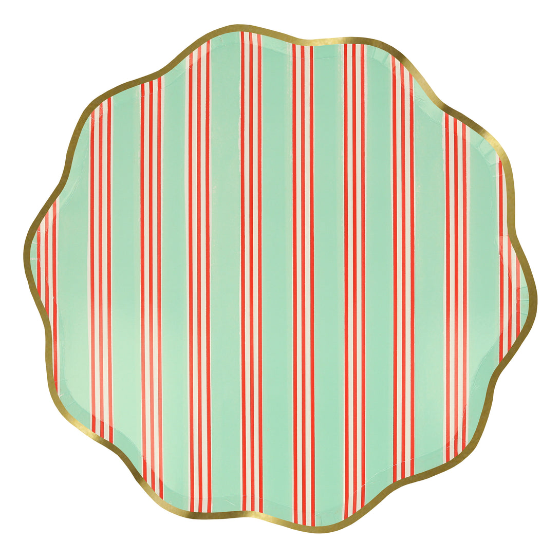 Our Christmas  paper plates feature stylish stripes in festive colours, wavy edges and shiny gold foil borders.