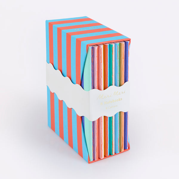 Our lined notebooks have bright striped covers, all beautifully presented as a sex of 8 in a striped card box. Image1