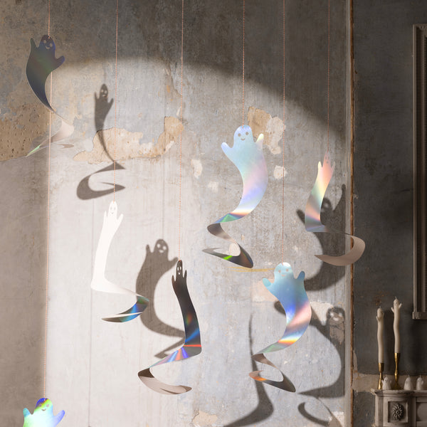 Our ghost decorations, with silver holographic foil, are perfect to add to your Halloween hanging decorations, designed to spin for great effect. Image2