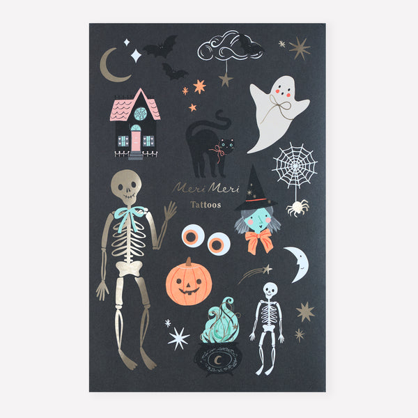 Our Halloween temporary tattoos feature classic icons and shimmering silver foil for a sparkly look, great for dress-up fun. For ages 3+. Image1