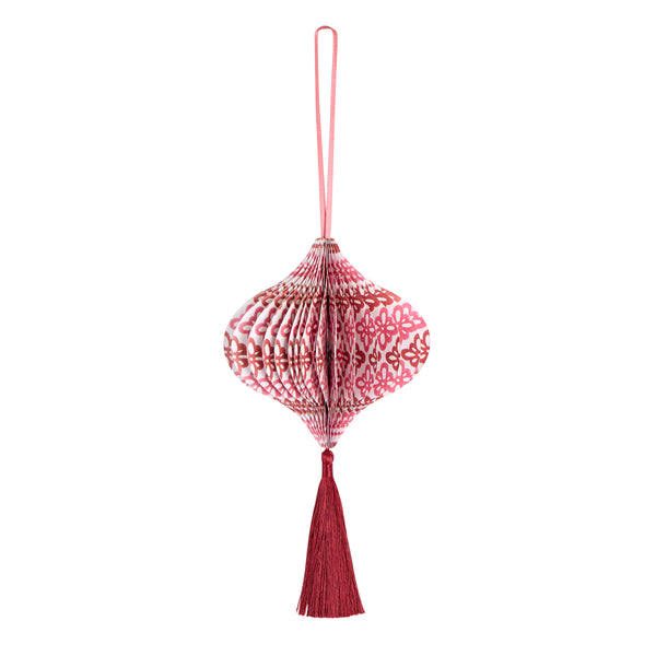 Our honeycomb Christmas tree decorations feature Molly Mahon block print designs in seasonal colours with shimmering tinsel tassels. Image4