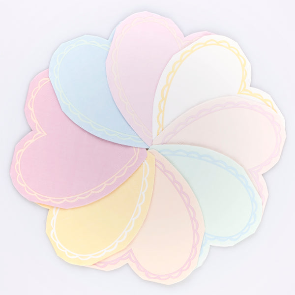 Our party napkins, heart-shaped and with 8 pastel colours, are perfect for a Valentines meal. Image2