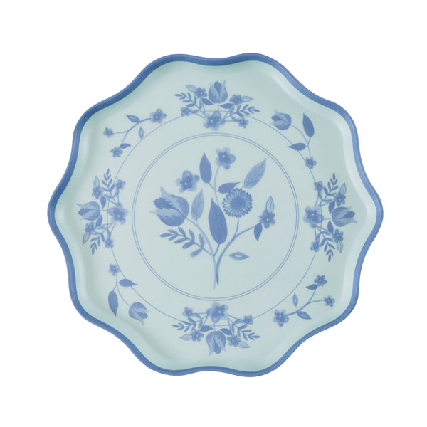 Our reusable plates, made from melamine in a small size, feature four pastel colours with a blue vintage botanical print design transfer. Image4