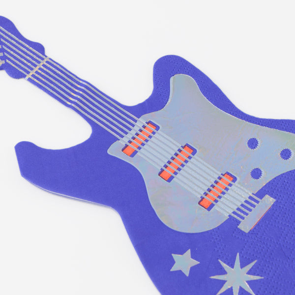 For a cool touch at a music lover's party add our paper napkins in the shape of an electric guitar, in neon coral, blue, mint and white. Image2