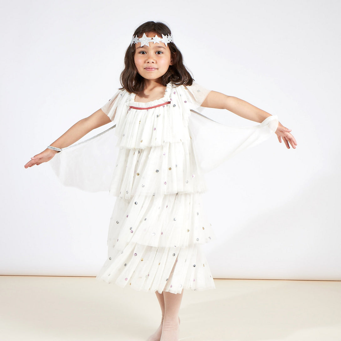 Our angel costume for kids includes a dress, wings and star headband. Image3