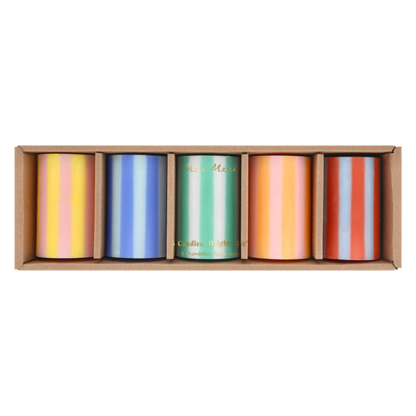 Our striped candles, in a classic pillar shape, feature 5 bright colourways and coloured wicks, perfect for birthday and home decorations. Image7