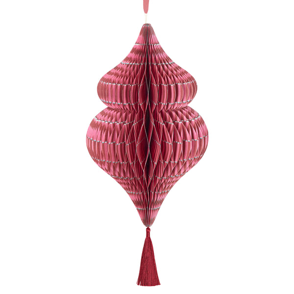 Our hanging Christmas decorations, made from honeycomb, feature stylish Molly Mahon prints designs and shimmering tinsel tassels. Image4