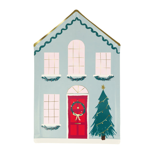 Our Christmas plates are made in the shape of houses, with a traditional wintry scene with a Christmas wreath and decorations on the tree. Image4