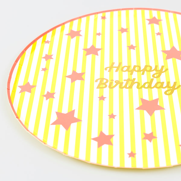 Our paper birthday plates, in a large dinner plate size, feature a shiny gold foil Happy Birthday message with stripes and neon stars, joyful! Image3