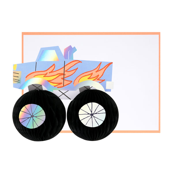 Our birthday card, in the shape of a monster truck, has big honeycomb wheels and lots of shiny silver holographic details. Image6