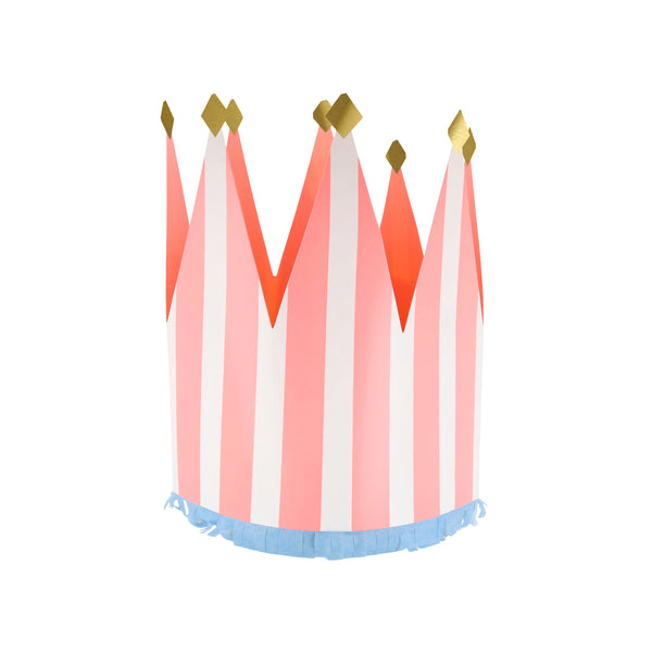 Our paper crowns, made with vibrant stripes, tissue paper fringing and shiny gold foil details, are the perfect birthday party hats. Image8