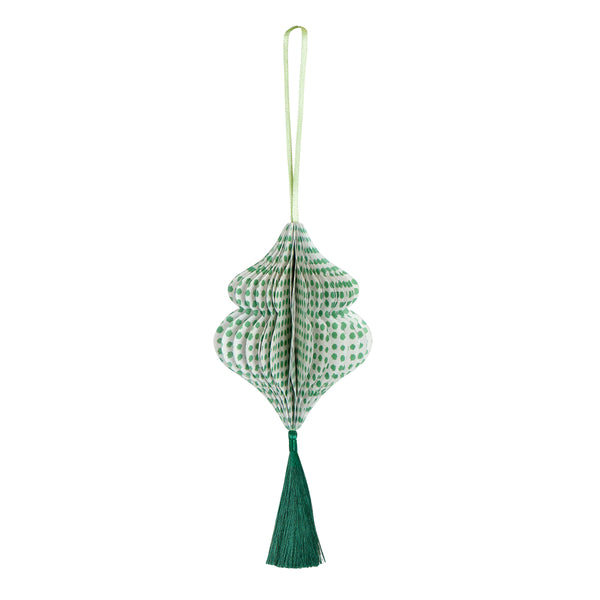 Our honeycomb Christmas tree decorations feature Molly Mahon block print designs in seasonal colours with shimmering tinsel tassels. Image9