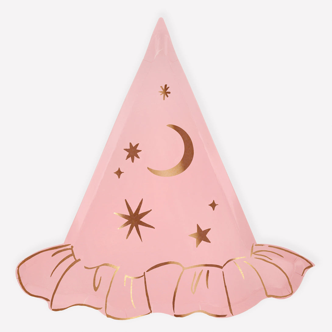 Our pink witch hat plates feature shiny rose gold details for a really stylish look. Image1