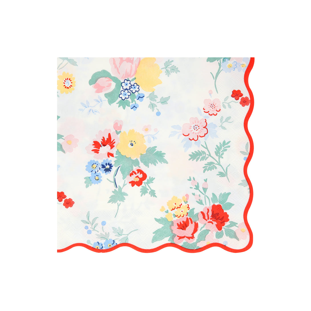 Our paper napkins feature a vintage floral design, with pops of red, to make any party table look effortlessly sophisticated.