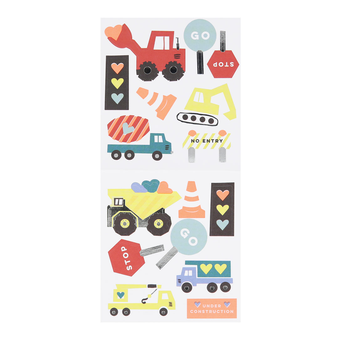 Our Valentine's cards for kids set include brightly coloured trucks and Valentine's stickers.