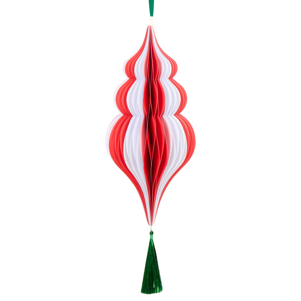 Our hanging Christmas decorations, made from honeycomb, feature vibrant stripes, tinsel tassels and satin ribbons for a statement look. Image4