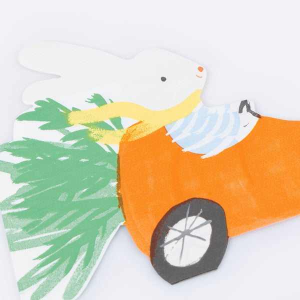 Add fun and style to your Easter dinner with our special paper napkins featuring a bunny in a carrot-shaped racing car. Image2