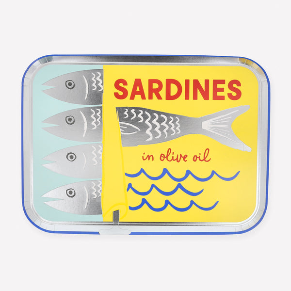Our party plates, made from paper, are designed to look like a tin of sardines, perfect for an ocean-themed party or summer celebration. Image1