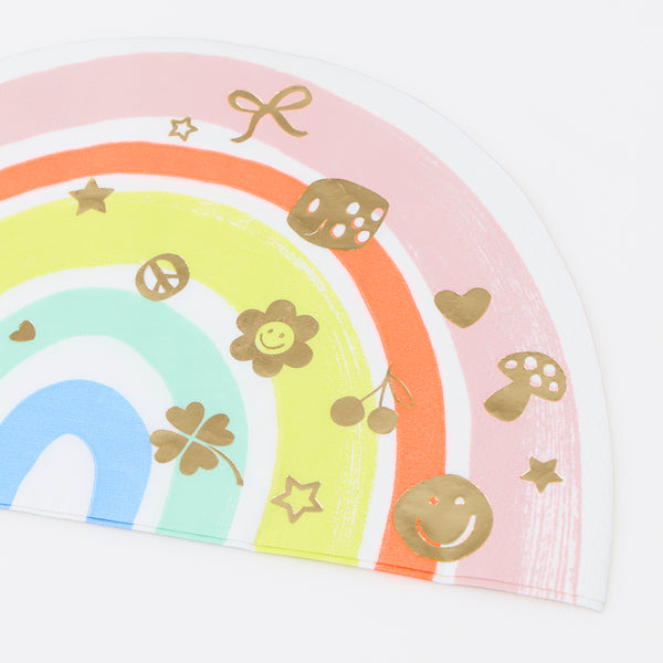 Our paper napkins are made in a magical rainbow shape with sparkling gold foil charm designs, ideal for a rainbow party or unicorn party. Image3