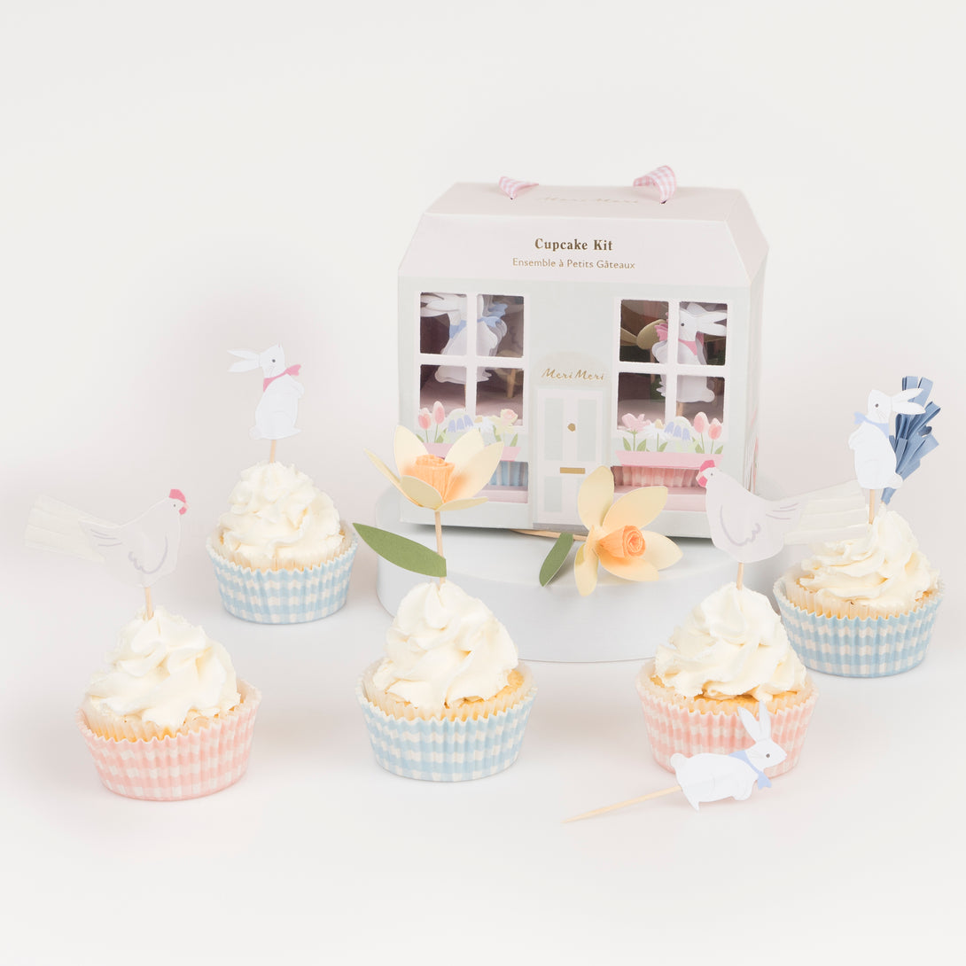 Our Easter cupcake kit is a fabulous Easter gift and includes Easter icon toppers and pink and blue gingham cupcake cases.