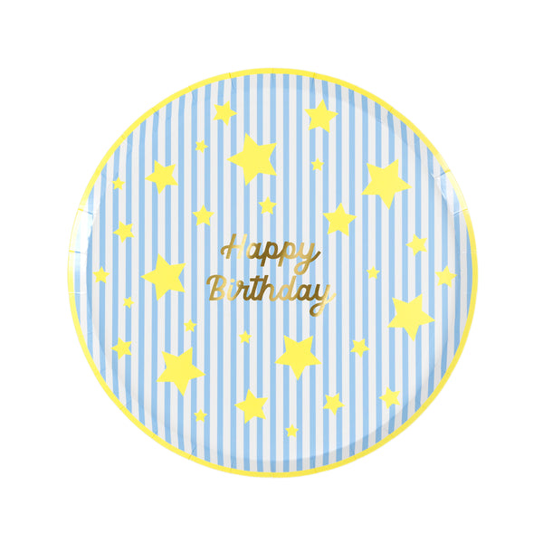 Our paper birthday plates, in a small side plate size, feature a shiny gold foil Happy Birthday message with stripes and neon stars, joyful! Image5