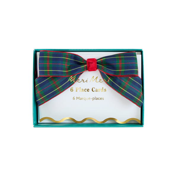 Our Christmas place cards feature scalloped edges with shiny gold foil details and are beautifully topped with tartan and velvet ribbon bows. Image4