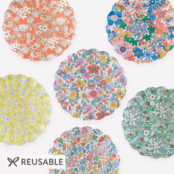 Our Liberty reusable plates are made from melamine with six Liberty floral print designs, perfect for garden parties, afternoon tea or picnics. Image1