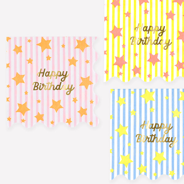 Our large napkins, made from 3-ply paper, are perfect for a birthday party, featuring stripes, neon stars, and a gold foil “Happy Birthday”. Image1