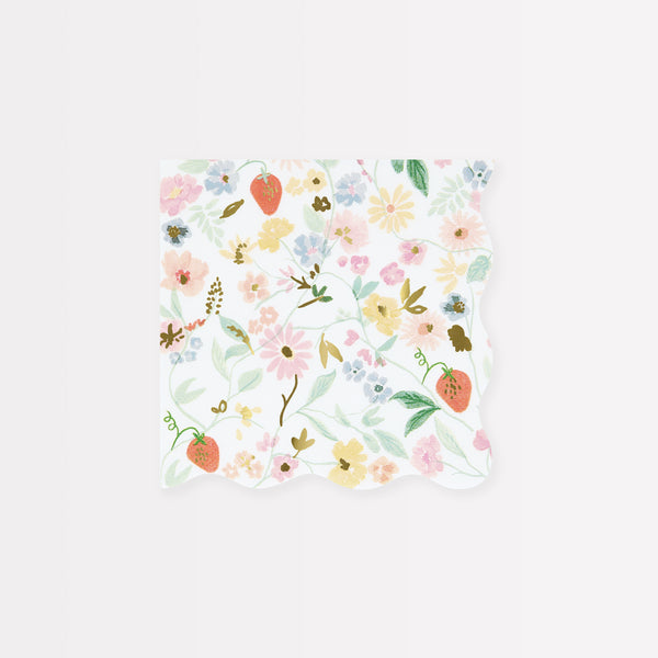 Our party napkins, with flowers and strawberries, and wavy borders look great for garden parties or picnics.