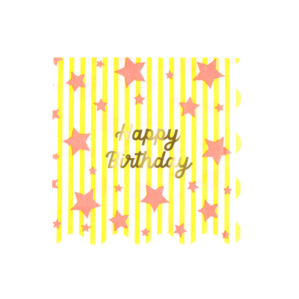 Our large napkins, made from 3-ply paper, are perfect for a birthday party, featuring stripes, neon stars, and a gold foil “Happy Birthday”. Image6