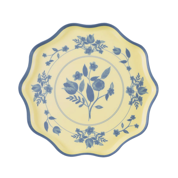Our reusable plates, made from melamine in a small size, feature four pastel colours with a blue vintage botanical print design transfer. Image6
