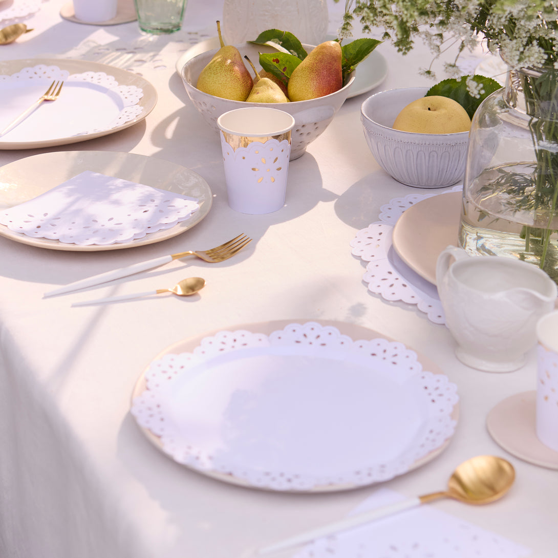 Our paper side plates have a pretty lace design, with embossed details, ideal as baby shower plates.