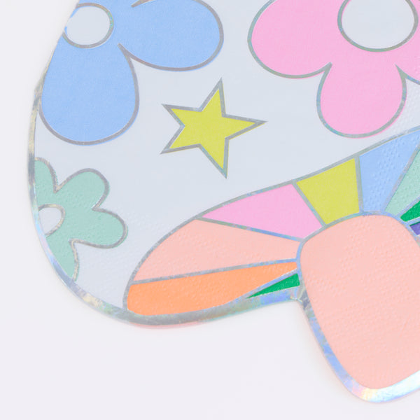 Add a groovy look to your party with our paper mushroom napkins, made with vibrant colours and shiny silver holographic foil details. Image2