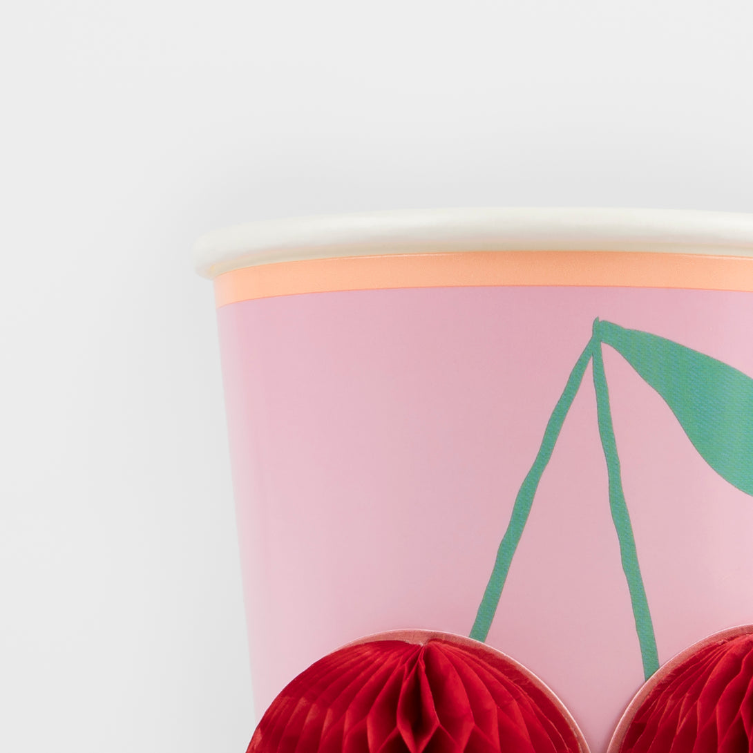 Our paper cups have fun designs with a 90s vibe, including flowers, hearts, cherries and stars.