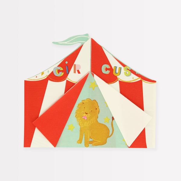 Your circus party will look amazing with our circus napkins in the shape of a big top with a lion.