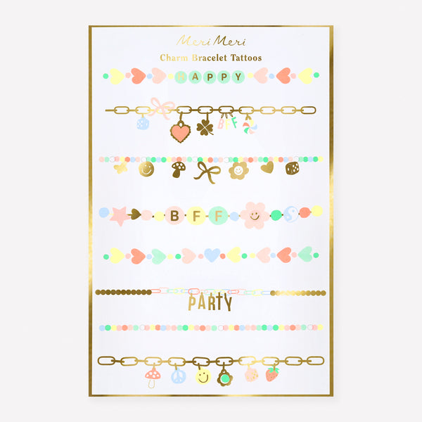 Our bracelet temporary tattoos feature charm designs in bright colours with shiny gold foil details for a stylish look, a great party activity. Image1