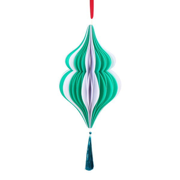 Our hanging Christmas decorations, made from honeycomb, feature vibrant stripes, tinsel tassels and satin ribbons for a statement look. Image3