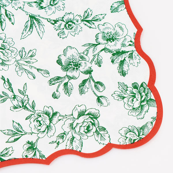 Our large Christmas paper napkins, made from 3-ply paper, feature an elegant Toile de Jouy design in red and green with coordinating borders. Image2