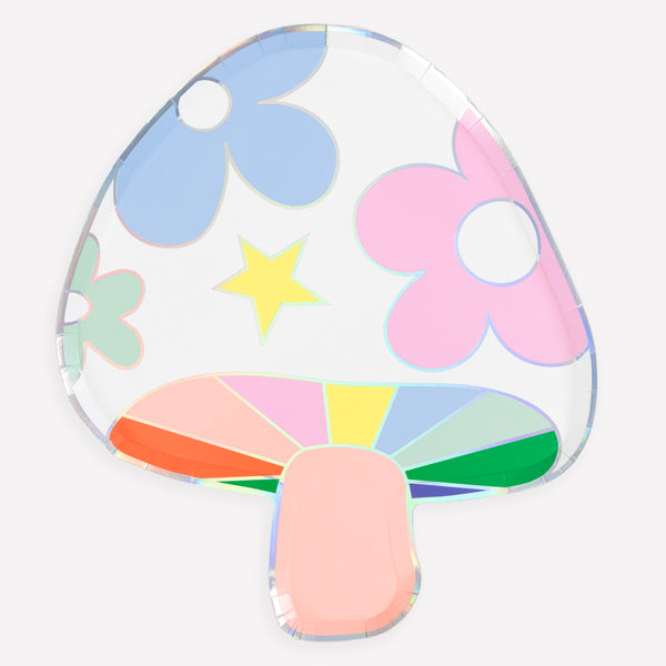 Make any 70s party, or party with a groovy vibe, look amazing with our mushroom plates, paper plates with bright colours and shiny silver foil. Image1