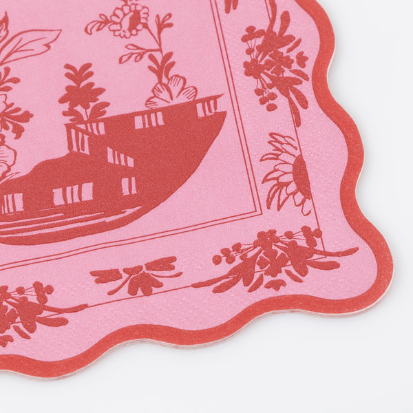 Our small paper napkins, in two shades of pink, feature beautiful bridge and botanical illustrations, perfect for any elegant occasion. Image2