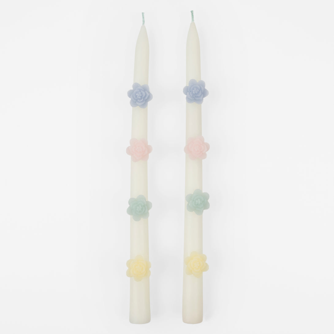Our decorative candles are an elegant taper shape with 3D wax flowers. Image4