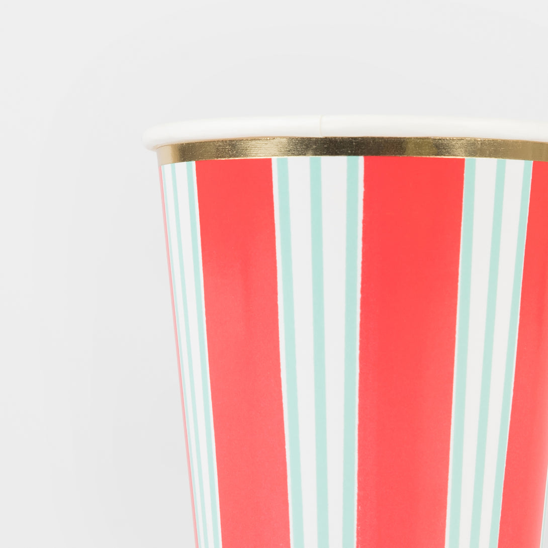 Our party cups with festive stripes are perfect to add to your Christmas party table.