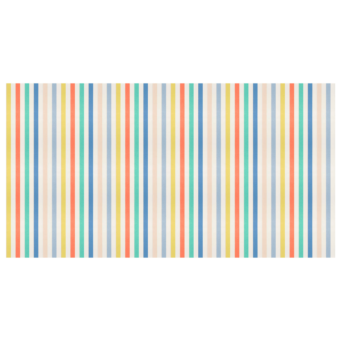 Our party tablecloth, made from laminated paper with colourful stripes, is great to add to your birthday party supplies.