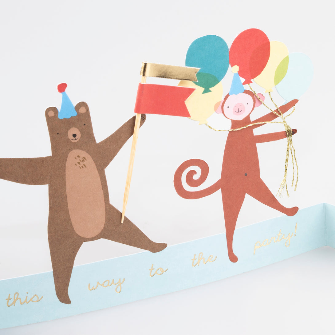 This birthday card for kids features cute animals, and makes an adorable birthday table decoration.